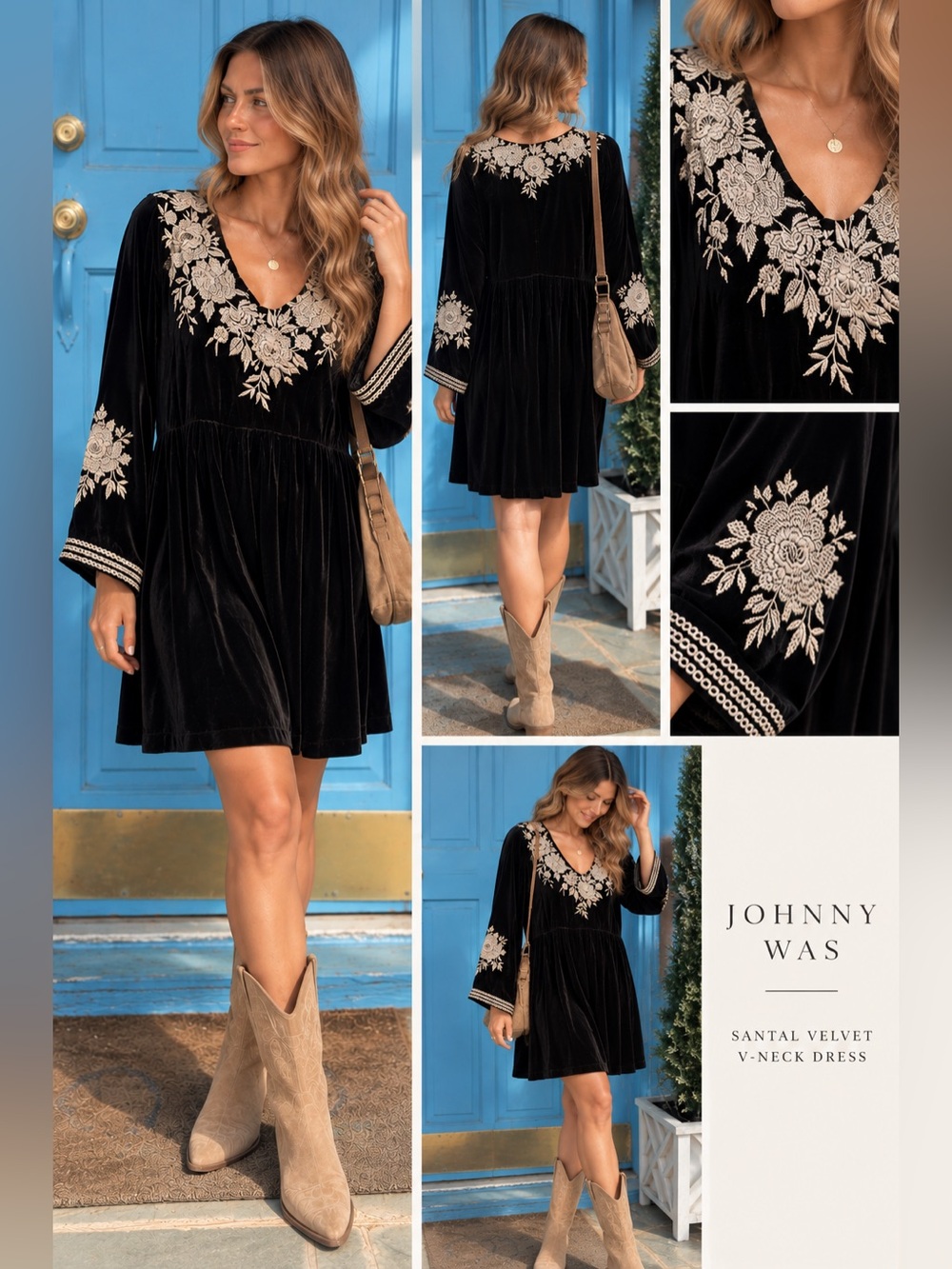 NWT Johnny Was Embroidered Black Velvet V-Neck Dress